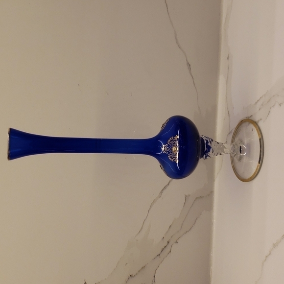 𝅺COBALT Blue Glass blown flute vase swirled foot gold gilded design 10.5" - Picture 2 of 10